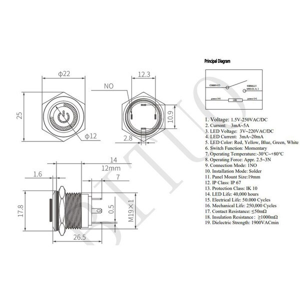 Main product image for SPST NO Momentary Raised Push Button 19mm Stainless Steel Waterproof Switch with 120V Red LED 060-942